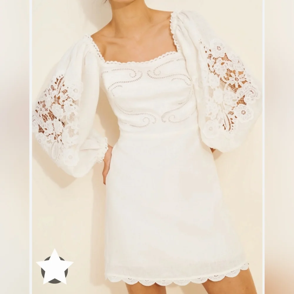 FARM Rio White Eyelet Puff-Sleeve Mini Dress
